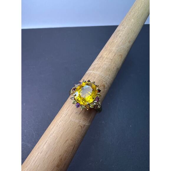 Yellow topaz multi stone gold over sterling silver halo cocktail ring size 8 - Picture 5 of 10